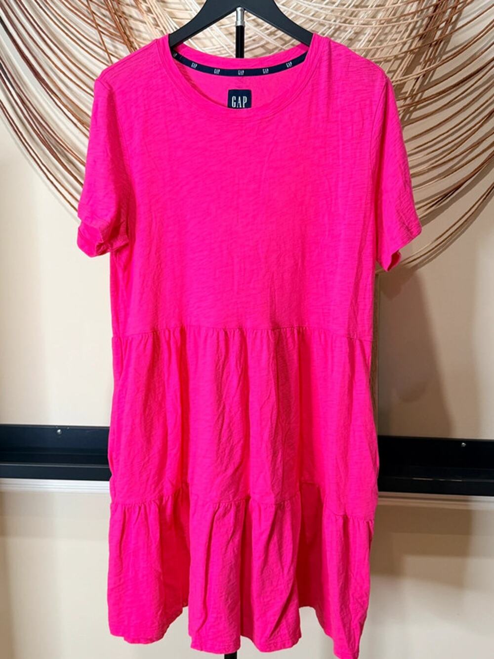 Gap 100% cotton tiered dress pink pockets EUC L 3260